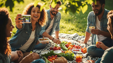 Group of friends having picnic in park and taking selfie on smartphone.の素材