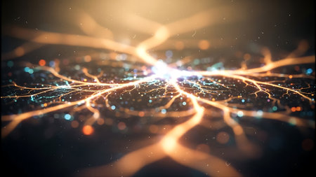 3d rendering of abstract glowing particles with depth of field and bokehの素材