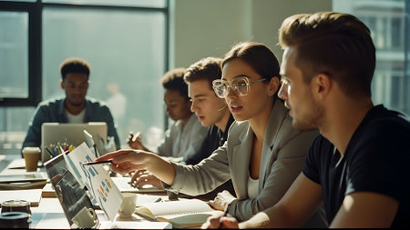 Group of young business people in smart casual wear working in modern office.の素材