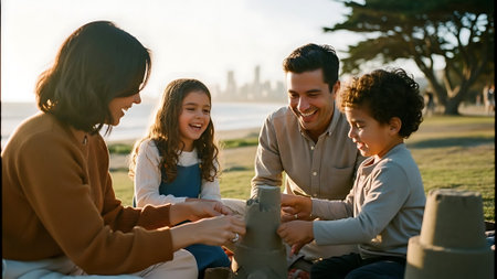 Portrait of happy family spending time together at picnic in park on sunny dayの素材