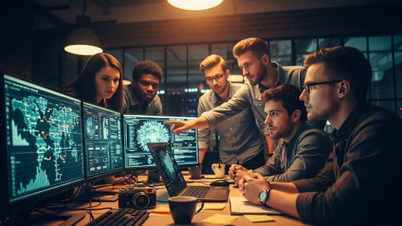 Team of software developers working on computers in modern office at night.の素材