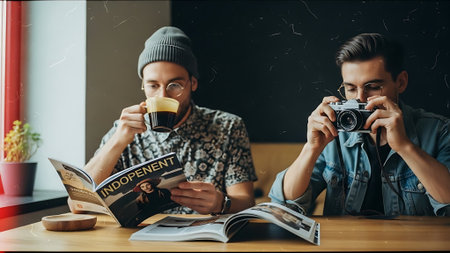 Two young hipster men drinking coffee and reading magazine in cafe.の素材