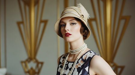 Portrait of a beautiful woman in a hat. Retro style.の素材