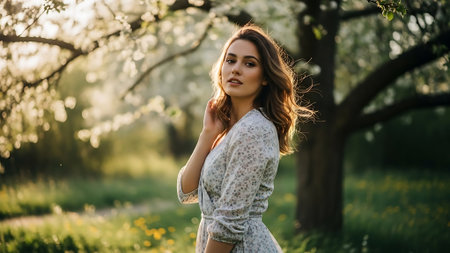 Beautiful young woman in spring blooming garden. Portrait of a girl with long hair.の素材