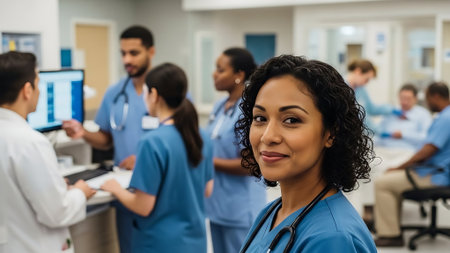 Portrait of smiling nurse standing in hospital corridor with colleagues on backgroundの素材
