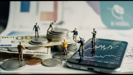 Businessman stand on coin stack with smart phone and graph of stock market growthの素材