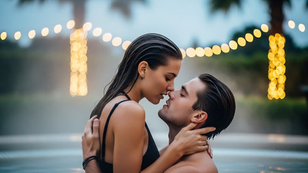 Beautiful young couple in love kissing and embracing each other in swimming poolの素材