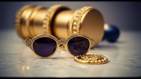 Sunglasses and earrings on a white background. Selective focus.の素材