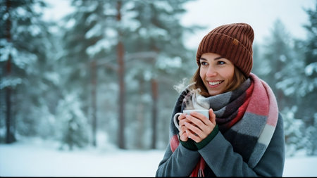 Smiling young woman holding cup of hot drink in winter forest.の素材