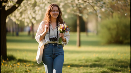 Beautiful young woman with a bouquet of flowers in the parkの素材