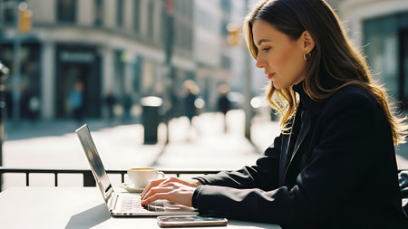Young business woman working on a laptop and drinking coffee in the city.の素材
