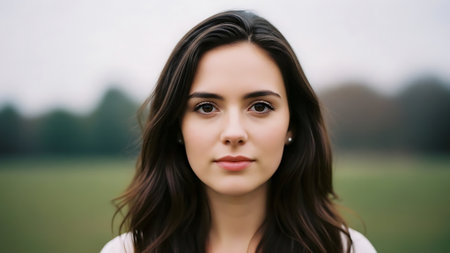 portrait of beautiful young brunette woman looking at camera in parkの素材