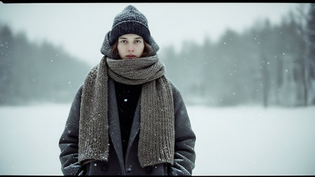 Portrait of a young beautiful woman in a coat and scarf in the winter forestの素材