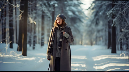 Beautiful young woman in winter forest. Winter fashion. Beauty, fashion.の素材