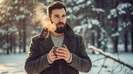 Handsome bearded man in a coat holding a cup of hot coffee in the winter forest.の素材