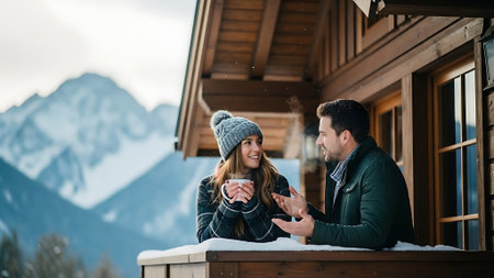 Young couple drinking coffee on the terrace of a wooden house in the mountainsの素材