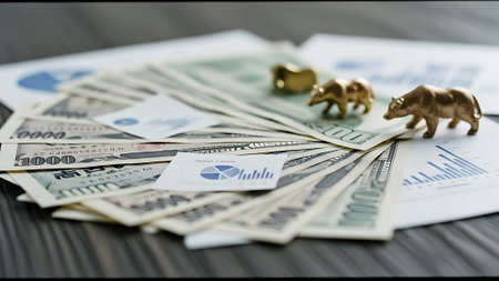 Bull and bear on the background of dollar bills and graphs. Business conceptの素材