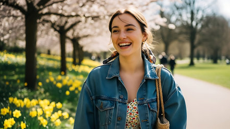 Beautiful young woman in the park with blooming daffodilsの素材