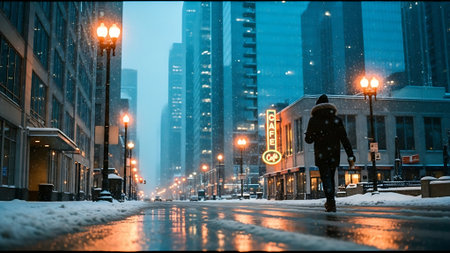 Man walking on snowy street at night in Chicago, Illinois, USA.の素材