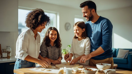Happy family cooking together at home. Mother, father and their daughter are preparing cookies and smiling.の素材