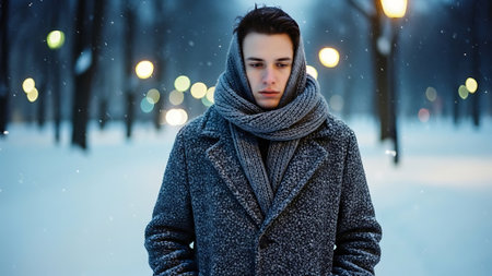 Handsome young man in a gray coat and scarf on the background of a winter city park at night.の素材