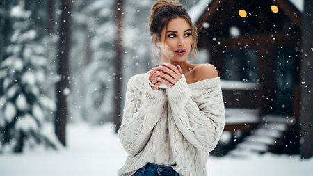 Beautiful young woman in a white sweater with a cup of coffee in the winter forest.の素材