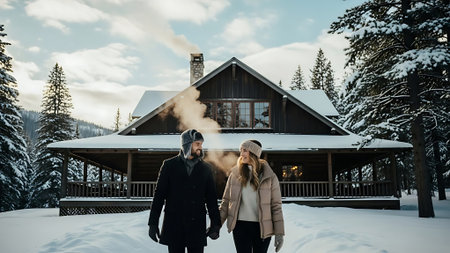 Couple in love standing in front of a wooden house in the winter forestの素材
