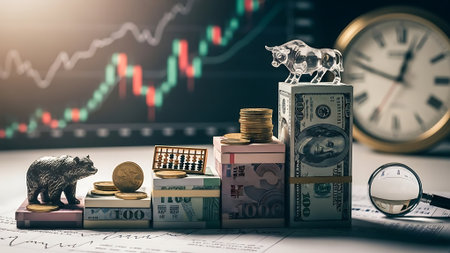 Coins, bear, piggy bank and alarm clock on the background of the stock chart.の素材