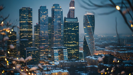 Moscow business center skyscrapers at nightの素材