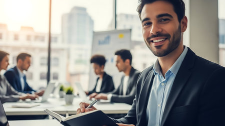Handsome young businessman is writing something in notebook and smiling while his colleagues are working in the backgroundの素材