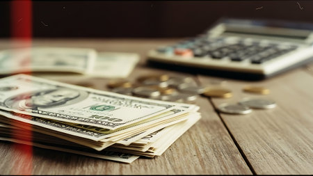 Dollar banknotes and coins on a wooden table with calculator.の素材