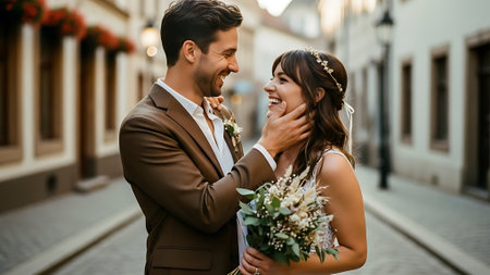 Beautiful bride and groom on their wedding day walking in the cityの素材
