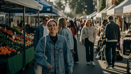 Smiling young woman shopping at farmers market. Woman buying fruits and vegetables.の素材