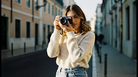 Young woman taking photo with vintage camera on the street of european cityの素材