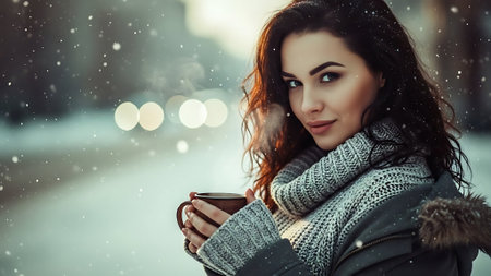 Beautiful young woman with cup of hot drink in snowy winter dayの素材