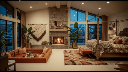 Interior of modern living room with fireplace. 3D render.の素材