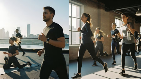 Group of people running in the gym. Healthy lifestyle and fitness concept.の素材