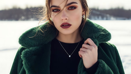Close-up portrait of a beautiful girl in a green fur coat.の素材