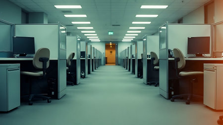 Modern office interior with rows of computers. 3D Rendering.の素材