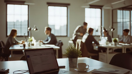 Blurred image of business people working in modern office. Selective focusの素材