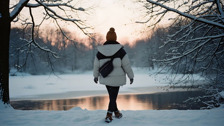 A girl in a warm hat and a jacket walks along the shore of a frozen lake.の素材