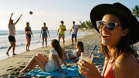 summer, holidays, vacation, drinks and people concept - smiling young woman in hat and sunglasses with cocktail on beachの素材