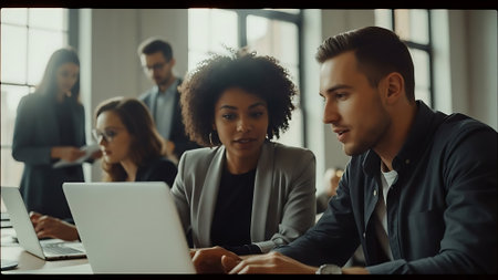 Group of young multiethnic business people working together in modern officeの素材