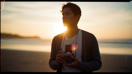Handsome young man holding a camera on the beach at sunsetの素材