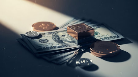 Stack of one hundred dollar bills and gold bars on dark background.の素材