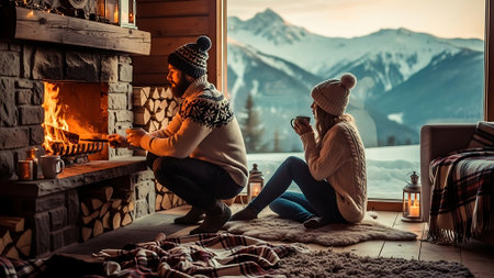 Couple in warm clothes sitting on the floor in front of the fireplace and drinking hot teaの素材