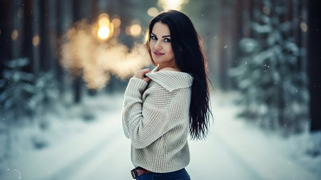 Beautiful young brunette woman in winter forest. Snowfall.の素材