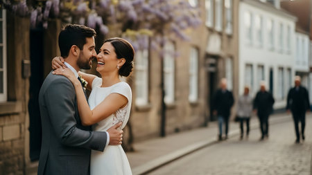 gorgeous wedding couple celebrating their wedding day in the old townの素材
