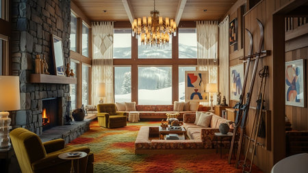 Interior of living room with fireplace, sofa and armchair.の素材