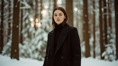 Portrait of a young woman in a black coat on a background of a winter forestの素材